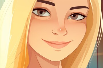 A lively cartoon closeup portrait of a smiling blonde independent teenage girl with a beautiful face.