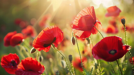 Fototapeta premium Beautiful red poppies blooming in a sunny green field