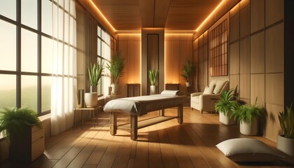 Fototapeta premium A cozy spa room featuring a massage table, abundant plants, and warm lighting, fostering a relaxing and peaceful environment for wellness treatments.