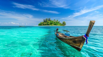Majestic boat floating on turquoise waters, tropical island in background, blue sky.
