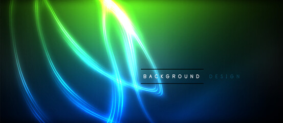 Neon glowing circle rays, light round lines in the dark, planet style neon wave lines. Energetic electric concept design for wallpaper, banner, background
