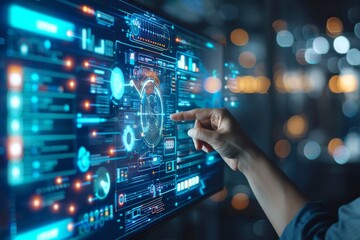 A man is touching a computer virtual screen with his finger
