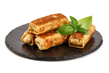 Fried Savory pancake rolls stuffed with ground meat, isolated on white background. High resolution image.