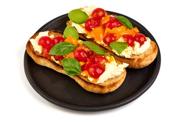 Spanish Tapas and Pinchos with cottage cheese, tomatoes and herbs, Italian Bruschetta, isolated on white background.