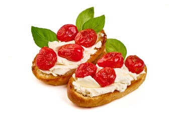 Bruschetta with cream cheese, isolated on white background. High resolution image.