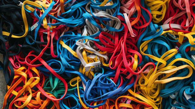 Top view of a colorful messy pile of shoelaces