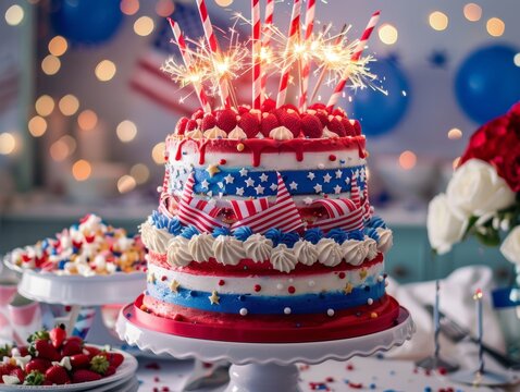 An intricately designed Fourth of July cake with layers of red