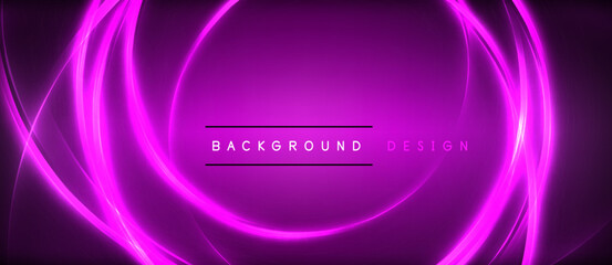 Neon glowing circle rays, light round lines in the dark, planet style neon wave lines. Energetic electric concept design for wallpaper, banner, background