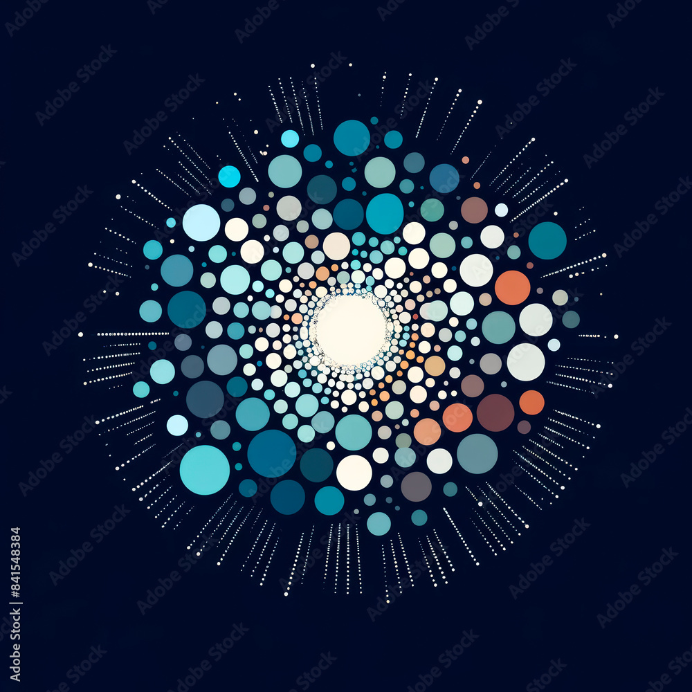 Poster Abstract circular dot pattern expanding from the center on a navy background, representing a concept of growth or explosion. Generative AI
