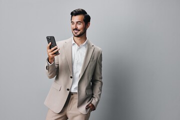 man hold male happy phone suit smile call business smartphone portrait