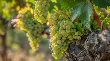 Naklejka premium Green grapes ripening on grapevine in a sunlit vineyard