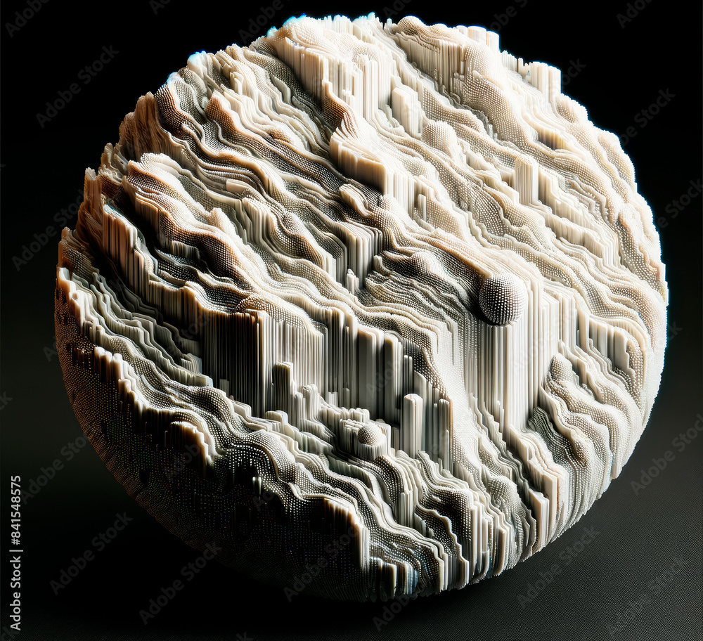 Aufkleber a spherical abstract sculpture with layered patterns and textures against a dark background, evoking