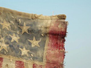Close-up of a vintage American flag with weathered fabric and stitched stars