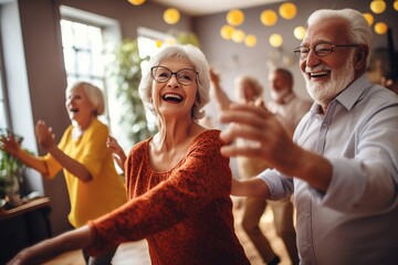 An elderly couple is dancing at a house party in an apartment for elderly friends, smiling and enjoying chatting with friends. Time for the elderly.