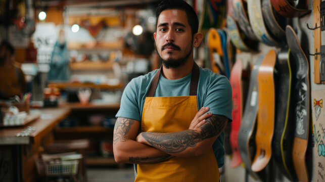 Serious man in apron posing confidently inside a skateboard workshop - Powered by Adobe