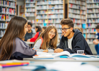 Two teenagers smiling and studying together in a library with books, casual wear, library background, concept of friendship and learning. Generative AI
