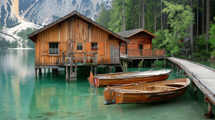 Obraz premium Wooden houses and boats on the serene Pragser Wildsee, Italy