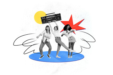 Creative trend collage of funny young three girls friends dancing have fun discotheque enjoy music bizarre unusual fantasy billboard
