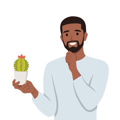 Young bearded man holds a cactus and think. Holding his chin. Flat vector illustration isolated on white background