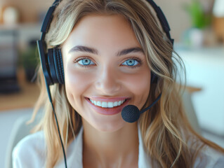 A smiling woman wearing a headset, indoors, with a blurred office background, embodying customer support concept. Generative AI