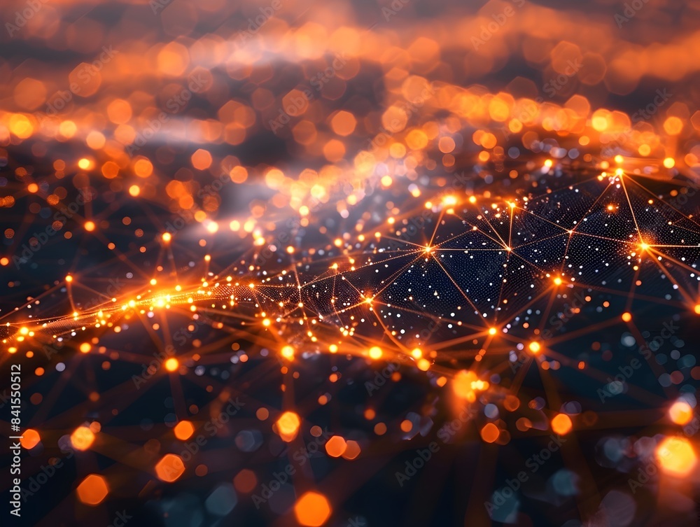Poster glowing interconnected nodes of an neural network visualized in a digital and abstract artificial in