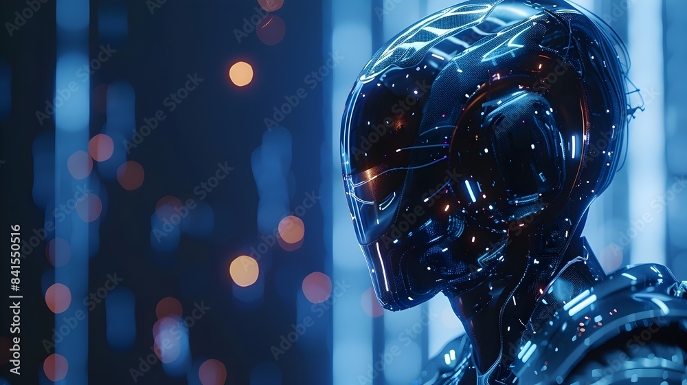 Poster futuristic robot interacting with holographic interface in advanced technology setting