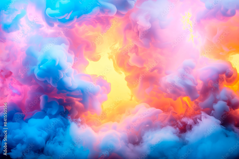 Poster colorful abstract clouds with a warm center glowing, against a cool-toned background, creative conce