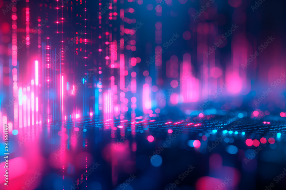 Poster Abstract digital landscape with glowing neon lights and bokeh effect, concept of cyberspace. Generative AI