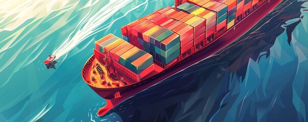 A large ship is sailing in the ocean with a small boat following it. The ship is carrying a large number of containers