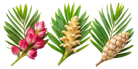 set of combinations of ginger flowers with palm fronds, on white background.AI GENERATED