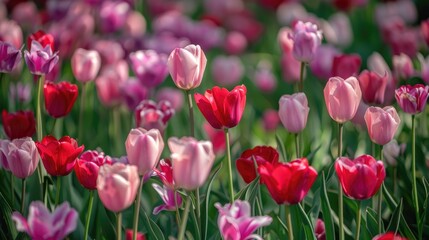 Blooming pink and red tulips in the field