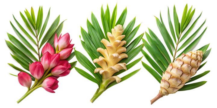 set of combinations of ginger flowers with palm fronds, on white background.AI GENERATED