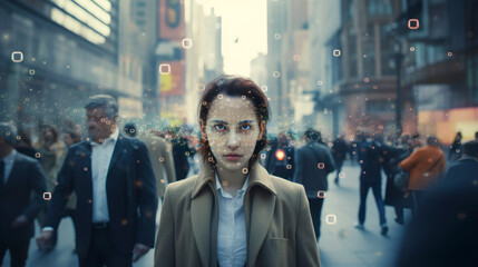 Woman walking in a crowded urban street with futuristic digital interface overlay, symbolizing technology and city life.