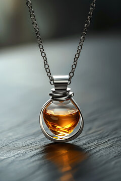 A luxurious minimal design necklace perfume on dark textured stobe background
