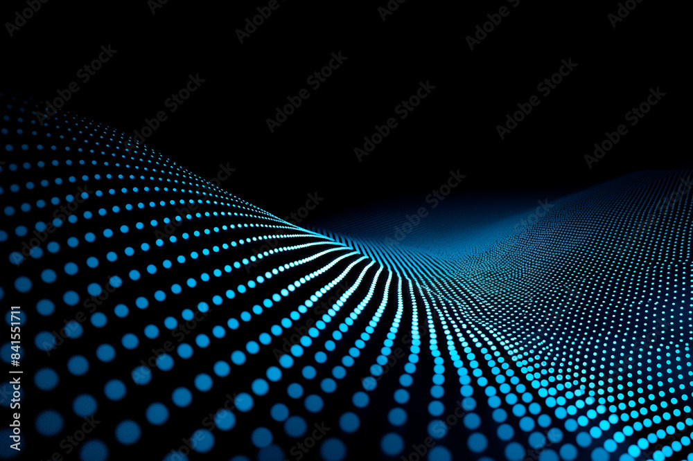 Poster A dynamic pattern of glowing blue dots forming a wave, set against a dark backdrop, illustrating a digital concept. Generative AI