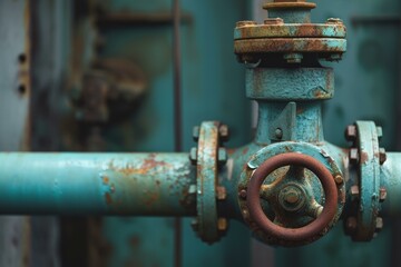 Close-up of an old, rusted valve on a weathered blue pipeline, depicting industry decay