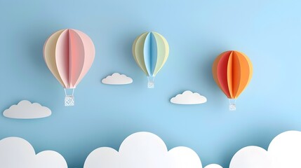 Colorful paper cut hot air balloons floating in a minimalist sky with clouds