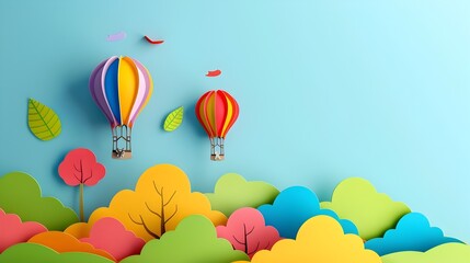 Naklejka premium Colorful Paper Cut Hot Air Balloons Floating in Minimalist Landscape