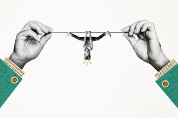 Composite photo collage of hand hold string crazy playful man hang acrobatics tricks psyche...