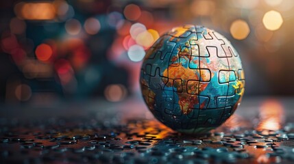 A globe with puzzle pieces fitting together, representing global unity and collaboration.