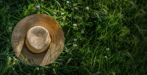 Straw Hat in Summer Meadow - Nature, Relaxation, and Tranquility - Perfect for Design Use