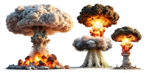  Set of nuclear explosions and mushroom cloud isolated on white background,PNG AI GENERATED