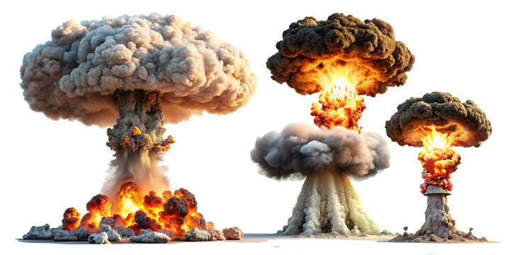 Set of nuclear explosions and mushroom cloud isolated on white background,PNG AI GENERATED