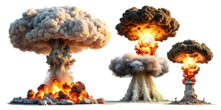  Set of nuclear explosions and mushroom cloud isolated on white background,PNG AI GENERATED