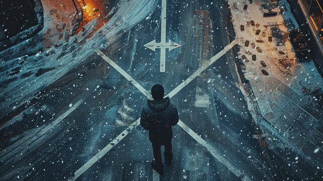 A person standing at a crossroads, with directional signs showing different paths representing various ideas or choices.