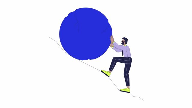 African american man pushing rock no mountain line 2D animation. Hard work 4K video motion graphic. Unemployment crisis overcoming linear animated cartoon flat concept, white background