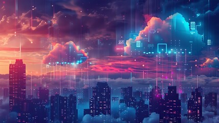 Obraz premium A vibrant illustration of a city skyline with clouds morphing into various digital devices, representing the integration of cloud computing into urban life.