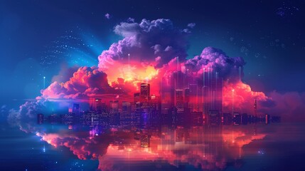 A vibrant illustration of a city skyline with clouds morphing into various digital devices, representing the integration of cloud computing into urban life.