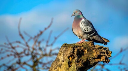 Wood pigeon perches on a dead tree against a backdrop of blue sky