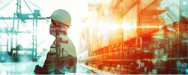 A man in a hard hat stands in front of a large building. The image is a silhouette of the man and the building, with the man's face and the building's outline in black